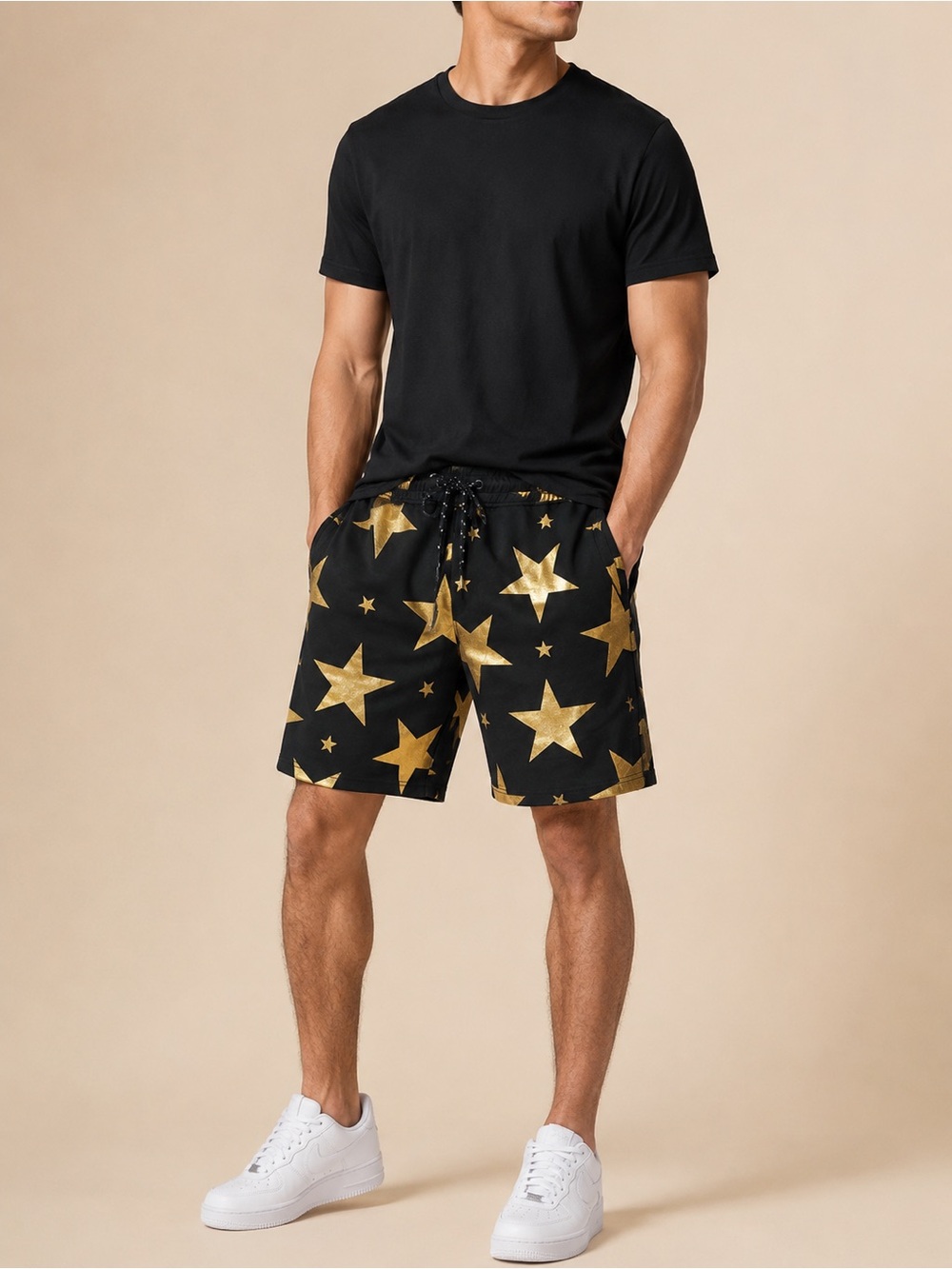 Black Cargo Shorts with Gold Star Print